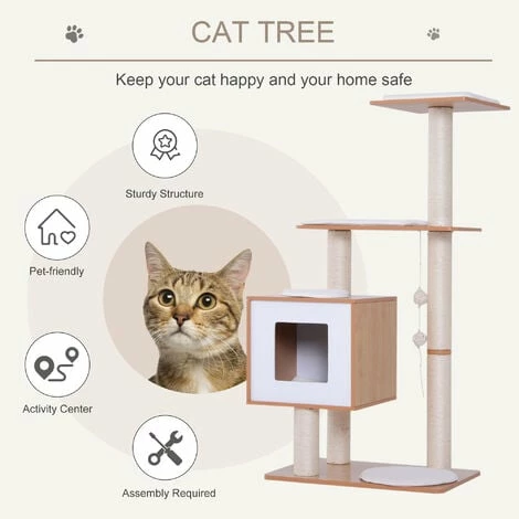 PawHut Wood Cat Tree Tower Scratching Post Kitten Activity Centre W/ Cushion 4 PawHut Wood Cat Tree Tower Scratching Post Kitten Activity Centre W/ Cushion - Image 4