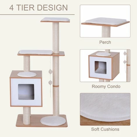 PawHut Wood Cat Tree Tower Scratching Post Kitten Activity Centre W/ Cushion 5 PawHut Wood Cat Tree Tower Scratching Post Kitten Activity Centre W/ Cushion - Image 5