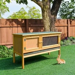 PawHut Wooden Rabbit Hutch Bunny Cage Outdoor Small Animal House W/ Hinged Top -PawHut Shop 11678772 3