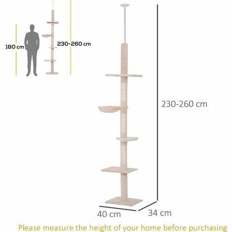 PawHut Cat Tree Scratching 5-Tier Kitty Tower Floor To Ceiling Adjustable 2 PawHut Cat Tree Scratching 5-Tier Kitty Tower Floor To Ceiling Adjustable - Image 2