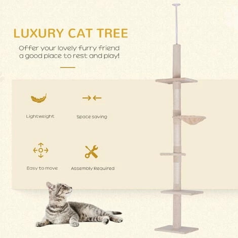 PawHut Cat Tree Scratching 5-Tier Kitty Tower Floor To Ceiling Adjustable 4 PawHut Cat Tree Scratching 5-Tier Kitty Tower Floor To Ceiling Adjustable - Image 4