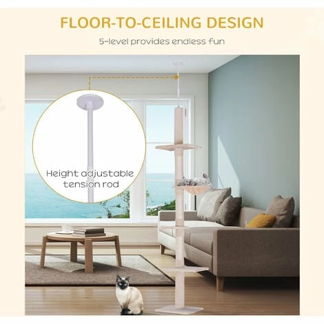 PawHut Cat Tree Scratching 5-Tier Kitty Tower Floor To Ceiling Adjustable 5 PawHut Cat Tree Scratching 5-Tier Kitty Tower Floor To Ceiling Adjustable - Image 5