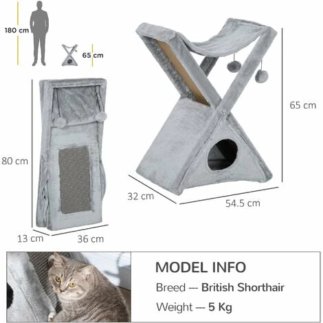 PawHut Plush Folding Cat Tree Play Rest Activity Tower W/ Scratching Post Grey 2 PawHut Plush Folding Cat Tree Play Rest Activity Tower W/ Scratching Post Grey - Image 2