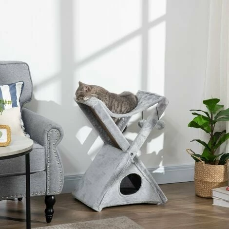 PawHut Plush Folding Cat Tree Play Rest Activity Tower W/ Scratching Post Grey 3 PawHut Plush Folding Cat Tree Play Rest Activity Tower W/ Scratching Post Grey - Image 3