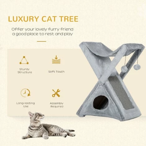 PawHut Plush Folding Cat Tree Play Rest Activity Tower W/ Scratching Post Grey 4 PawHut Plush Folding Cat Tree Play Rest Activity Tower W/ Scratching Post Grey - Image 4
