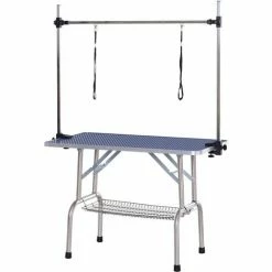 PawHut Metal Adjustable Dog Grooming Table Rubber Top 2 Safety Slings Mesh Blue