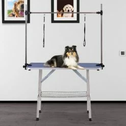 PawHut Metal Adjustable Dog Grooming Table Rubber Top 2 Safety Slings Mesh Blue -PawHut Shop 16499670 3
