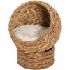 PawHut Elevated Kitten Hooded Rattan Cat House Basket Cushion, 42x33x52cm Brown