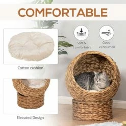 PawHut Elevated Kitten Hooded Rattan Cat House Basket Cushion, 42x33x52cm Brown -PawHut Shop 16783998 5