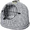 PawHut Wicker Cat Basket W/ Mat Handle Kitten Pussy Enclosed Bed Portable - Grey