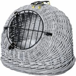 PawHut Wicker Cat Basket W/ Mat Handle Kitten Pussy Enclosed Bed Portable - Grey