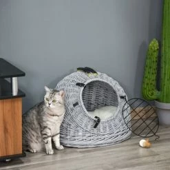 PawHut Wicker Cat Basket W/ Mat Handle Kitten Pussy Enclosed Bed Portable - Grey -PawHut Shop 16968483 3
