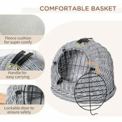 PawHut Wicker Cat Basket W/ Mat Handle Kitten Pussy Enclosed Bed Portable - Grey -PawHut Shop 16968483 5