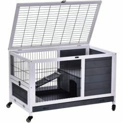 PawHut Wood Indoor Rabbit Hutch Elevated 2-Floor Guineas Pigs Cage W/ Wheels