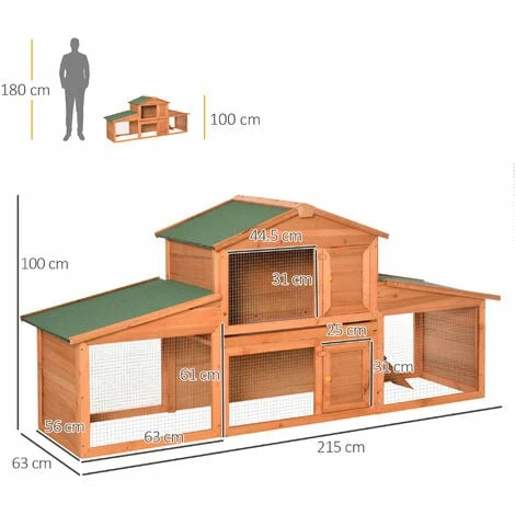PawHut Large Rabbit Hutch Outdoor, Guinea Pig Hutch, Wooden Small Animal House, with Rabbit Run, 215 x 63 x 100 cm PawHut Large Rabbit Hutch Outdoor, Guinea Pig Hutch, Wooden Small Animal House, With Rabbit Run, 215 X 63 X 100 Cm -PawHut Shop 18176054 2