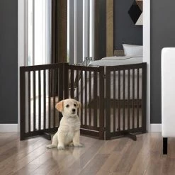 PawHut 155cm Expandable 3-Panel Freestanding Dog Pet Gate W/ Latched Door Brown -PawHut Shop 19537447 3