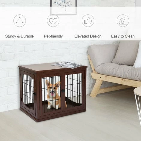 PawHut Wooden Dog Crate Puppy Cage End Table Design for Small Dog Brown PawHut Wooden Dog Crate Puppy Cage End Table Design For Small Dog Brown -PawHut Shop 20290927 4