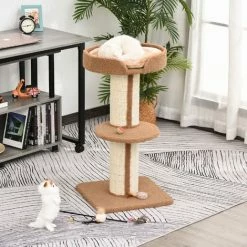 PawHut 2-Tier Cat Kitten Resting Tree W/ Top Basket Cushion Sisal Post Brown -PawHut Shop 20291044 3
