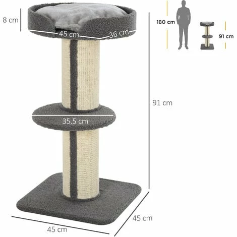 PawHut 2-Tier Cat Kitten Resting Tree w/ Top Basket Cushion Sisal Post Grey PawHut 2-Tier Cat Kitten Resting Tree W/ Top Basket Cushion Sisal Post Grey -PawHut Shop 20291056 2