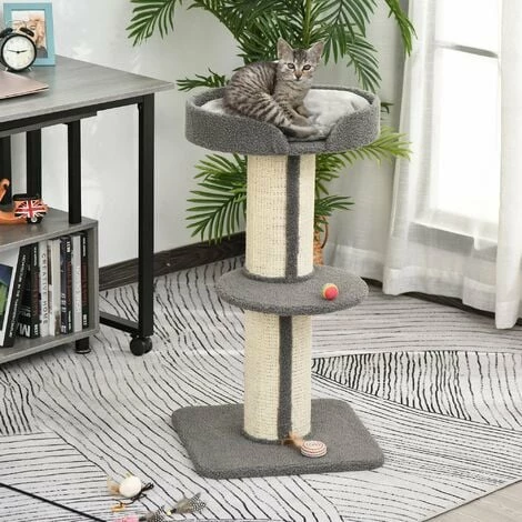 PawHut 2-Tier Cat Kitten Resting Tree w/ Top Basket Cushion Sisal Post Grey PawHut 2-Tier Cat Kitten Resting Tree W/ Top Basket Cushion Sisal Post Grey -PawHut Shop 20291056 3