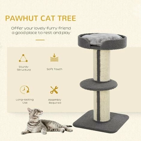 PawHut 2-Tier Cat Kitten Resting Tree w/ Top Basket Cushion Sisal Post Grey PawHut 2-Tier Cat Kitten Resting Tree W/ Top Basket Cushion Sisal Post Grey -PawHut Shop 20291056 4