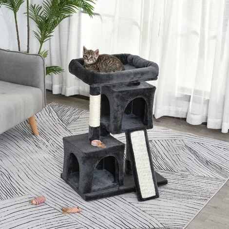 PawHut Cat Rest & Play Activity Tree w/ 2 House Perch Scratching Post Black PawHut Cat Rest & Play Activity Tree W/ 2 House Perch Scratching Post Black -PawHut Shop 20488419 3