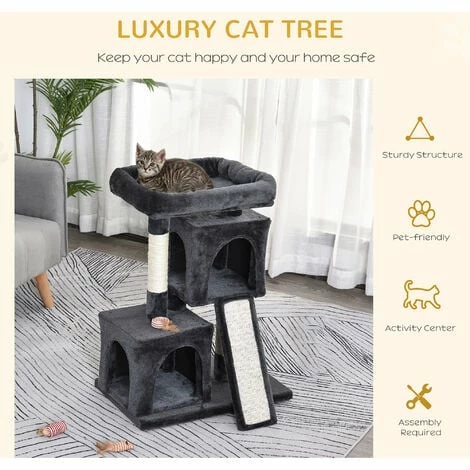 PawHut Cat Rest & Play Activity Tree w/ 2 House Perch Scratching Post Black PawHut Cat Rest & Play Activity Tree W/ 2 House Perch Scratching Post Black -PawHut Shop 20488419 4