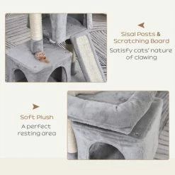 PawHut Cat Rest & Play Activity Tree W/ 2 House Perch Scratching Post Grey -PawHut Shop 20488441 5