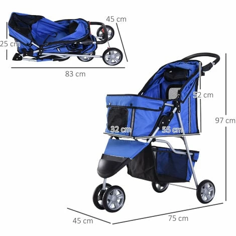 PawHut Pet Stroller Pushchair Carrier for Cat Puppy with 3 Wheels Blue PawHut Pet Stroller Pushchair Carrier For Cat Puppy With 3 Wheels Blue -PawHut Shop 2319939 2