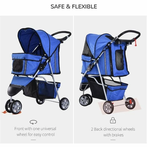 PawHut Pet Stroller Pushchair Carrier for Cat Puppy with 3 Wheels Blue PawHut Pet Stroller Pushchair Carrier For Cat Puppy With 3 Wheels Blue -PawHut Shop 2319939 5
