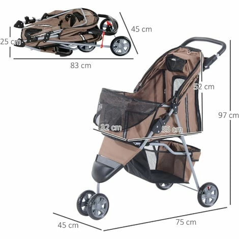 PawHut Pet Stroller Pushchair Carrier for Cat Puppy with 3 Wheels Brown PawHut Pet Stroller Pushchair Carrier For Cat Puppy With 3 Wheels Brown -PawHut Shop 2319940 2