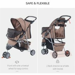 PawHut Pet Stroller Pushchair Carrier For Cat Puppy With 3 Wheels Brown 4 PawHut Pet Stroller Pushchair Carrier For Cat Puppy With 3 Wheels Brown -PawHut Shop 2319940 5