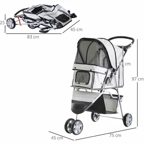 PawHut Pet Stroller Pushchair Carrier for Cat Puppy with 3 Wheels Grey PawHut Pet Stroller Pushchair Carrier For Cat Puppy With 3 Wheels Grey -PawHut Shop 2319941 2