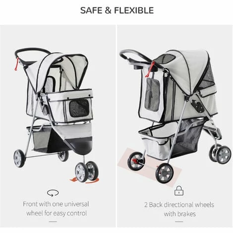 PawHut Pet Stroller Pushchair Carrier for Cat Puppy with 3 Wheels Grey PawHut Pet Stroller Pushchair Carrier For Cat Puppy With 3 Wheels Grey -PawHut Shop 2319941 5