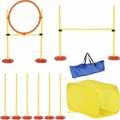 Pawhut Portable Pet Agility Training Obstacle Set For Dogs W/ Adjustable High Jumping Pole, Jumping Ring, Turnstile Poles, Tunnel
