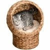 PawHut Elevated Kitten Hooded Rattan Cat House Basket Cushion, 52x42x60cm Brown