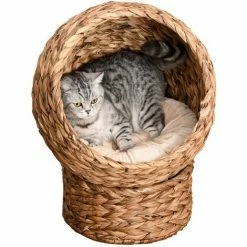 PawHut Elevated Kitten Hooded Rattan Cat House Basket Cushion, 52x42x60cm Brown