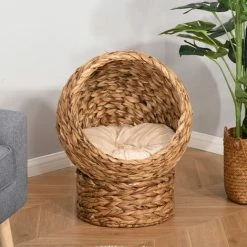 PawHut Elevated Kitten Hooded Rattan Cat House Basket Cushion, 52x42x60cm Brown -PawHut Shop 26723652 3