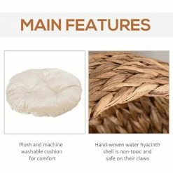 PawHut Elevated Kitten Hooded Rattan Cat House Basket Cushion, 52x42x60cm Brown -PawHut Shop 26723652 5