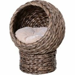PawHut Elevated Kitten Hooded Rattan Cat House Basket Cushion, 42x33x52cm Grey