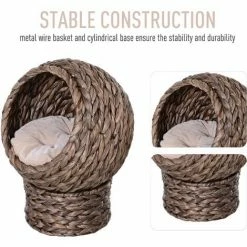 PawHut Elevated Kitten Hooded Rattan Cat House Basket Cushion, 42x33x52cm Grey -PawHut Shop 26723662 4