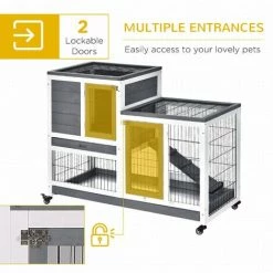PawHut Wooden Indoor Rabbit Hutch Elevated Bunny Cage With Enclosed Run W/Wheel -PawHut Shop 27647095 5