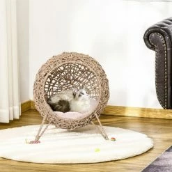 PawHut Rattan Elevated Cat House Kitten Bed Pet Furniture W/ Cushion Natural -PawHut Shop 28283203 3