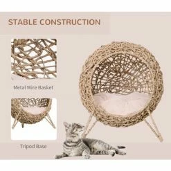 PawHut Rattan Elevated Cat House Kitten Bed Pet Furniture W/ Cushion Natural -PawHut Shop 28283203 4