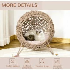 PawHut Rattan Elevated Cat House Kitten Bed Pet Furniture W/ Cushion Natural -PawHut Shop 28283203 5