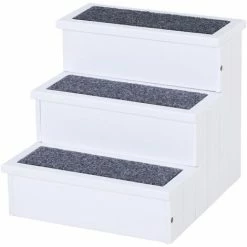 PawHut 3 Step Wooden Dog Steps Pet Stairs Cat Ladder For Bed With Storage White