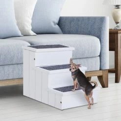 PawHut 3 Step Wooden Dog Steps Pet Stairs Cat Ladder For Bed With Storage White -PawHut Shop 28297265 3