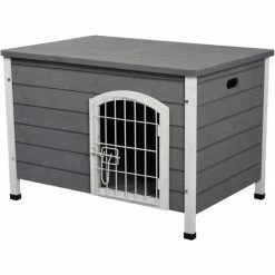 PawHut Wooden Dog Crate Kennel House W/ Wire Door Lock Small Easy-Open Roof