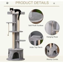 PawHut Cat Tree Kitten Tower W/ Scratching Post Condo Plush Perches Grey -PawHut Shop 29036142 4
