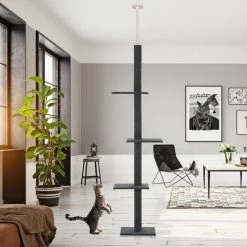 PawHut 260cm Floor To Ceiling Cat Tree 3 Perches Flannel Upholstery Kitten Grey -PawHut Shop 29218437 3